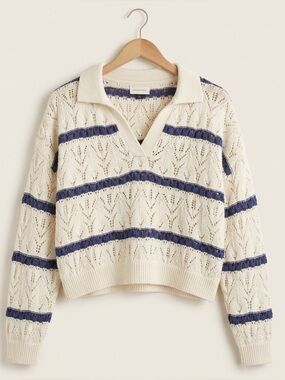 Universal Thread Nautical Striped Pointelle Knit Sweater - Size L - Blue & Cream